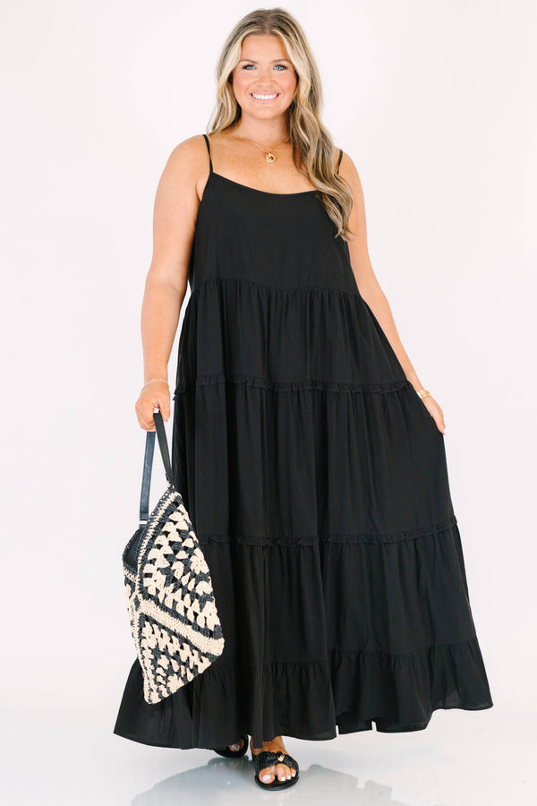 Chic Soul plus size clothing, spaghetti strap black ruffled maxi dress 