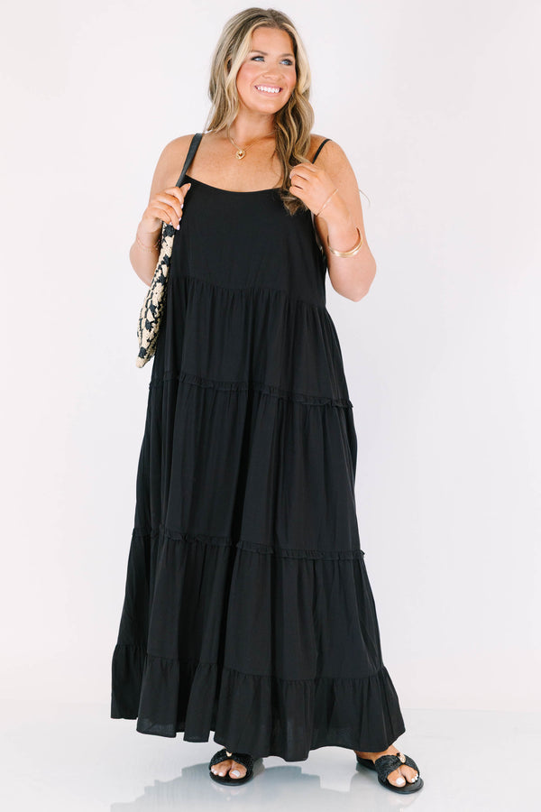 Chic Soul plus size clothing, spaghetti strap black ruffled maxi dress 