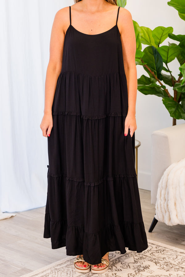 Chic Soul plus size clothing, spaghetti strap black ruffled maxi dress 