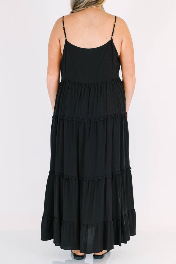 Chic Soul plus size clothing, spaghetti strap black ruffled maxi dress 