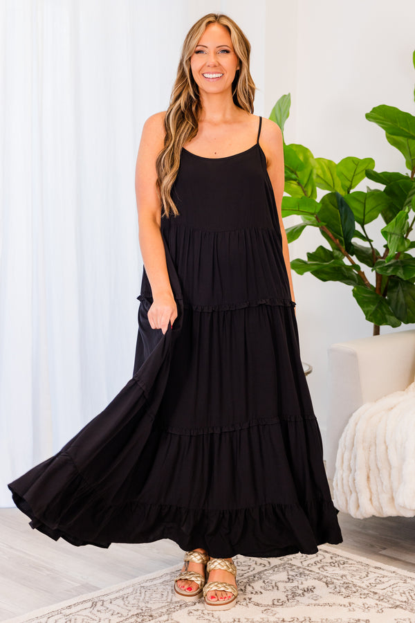 Chic Soul plus size clothing, spaghetti strap black ruffled maxi dress 