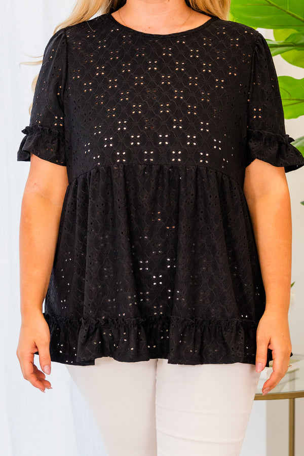 Chic Soul plus size clothing, black short sleeve eyelet top with ruffle detail along bottom and sleeves