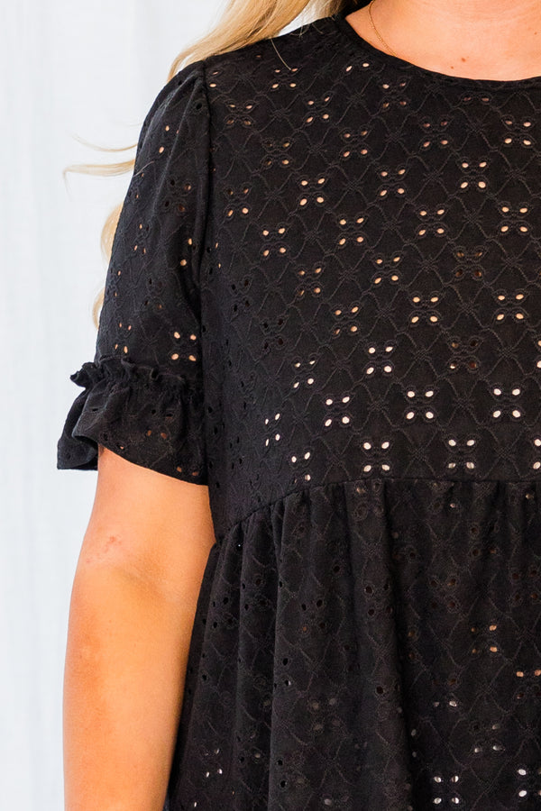 Chic Soul plus size clothing, black short sleeve eyelet top with ruffle detail along bottom and sleeves