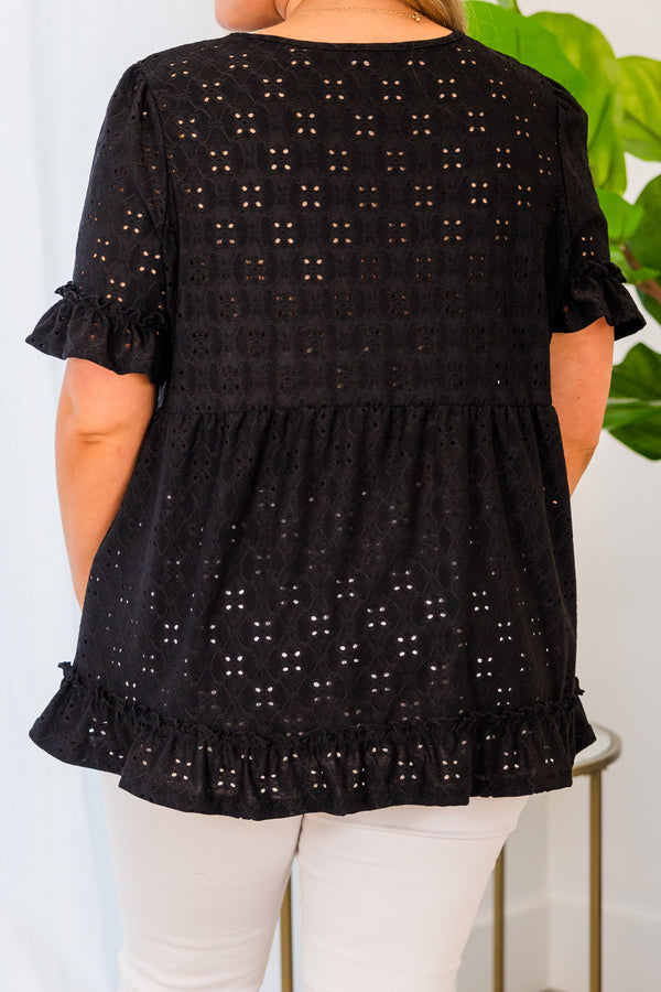 Chic Soul plus size clothing, black short sleeve eyelet top with ruffle detail along bottom and sleeves