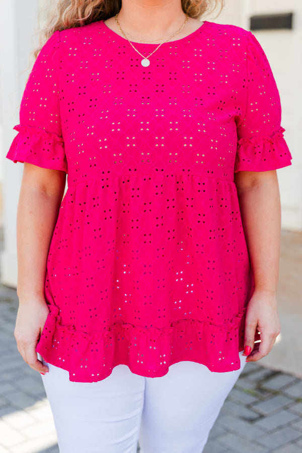 Chic Soul plus size clothing, fuchsia short sleeve top with eyelet detailing