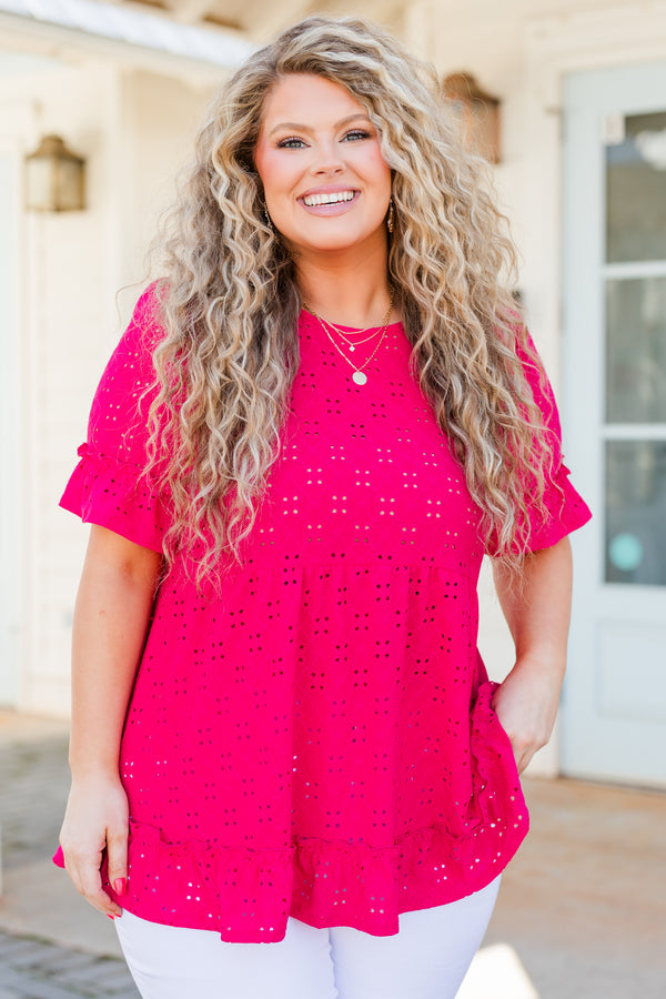 Chic Soul plus size clothing, fuchsia short sleeve top with eyelet detailing