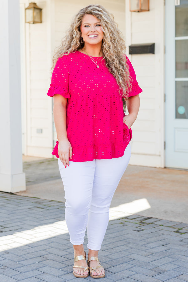 Chic Soul plus size clothing, fuchsia short sleeve top with eyelet detailing