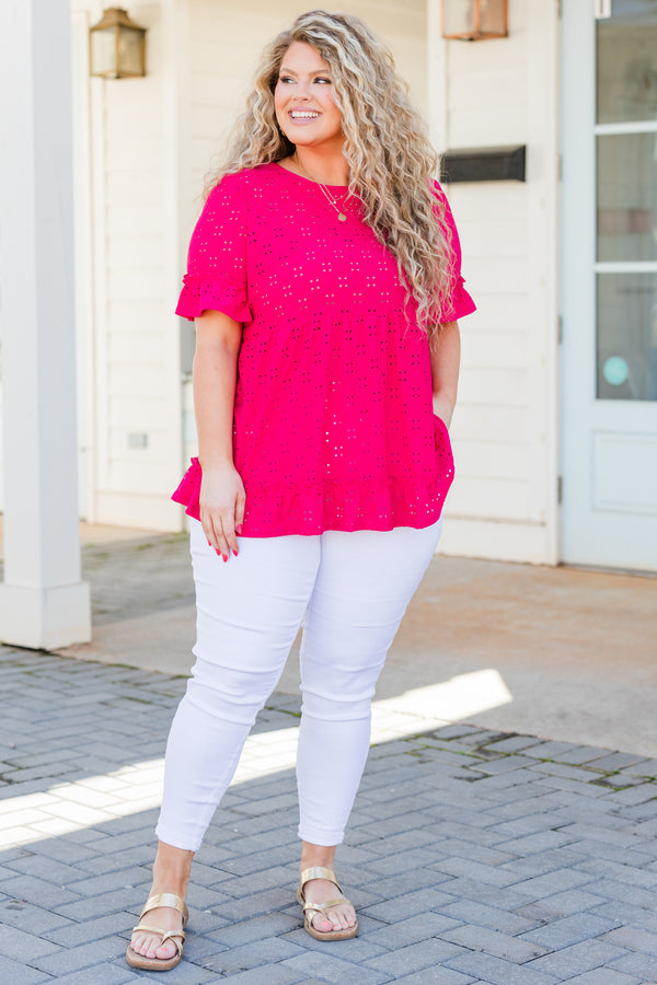 Chic Soul plus size clothing, fuchsia short sleeve top with eyelet detailing