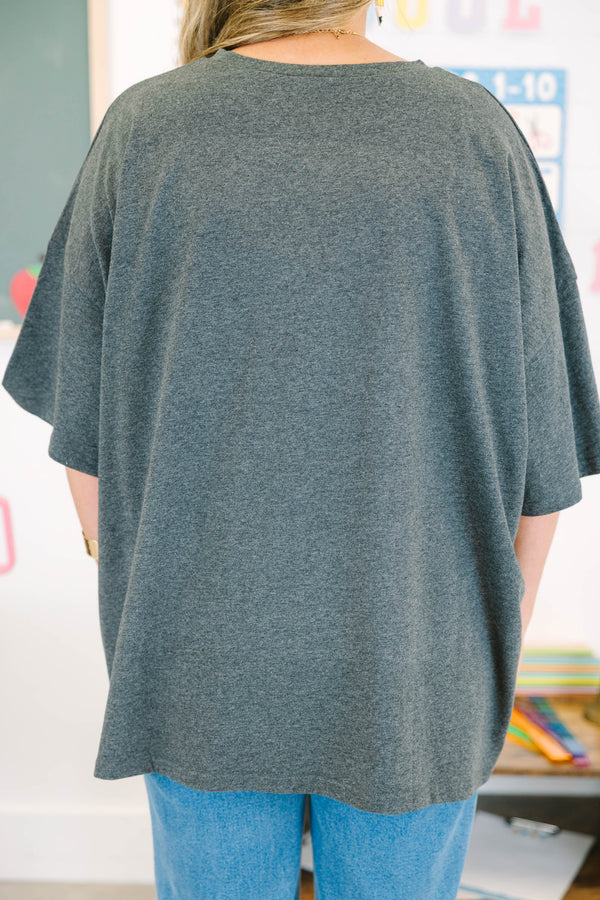 Chic Soul plus size clothing, charcoal gray half sleeve school themed graphic tee with red apple that says 