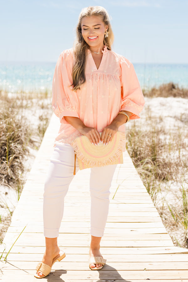 Chic Soul plus size clothing, mid sleeve pink top with embroidery 