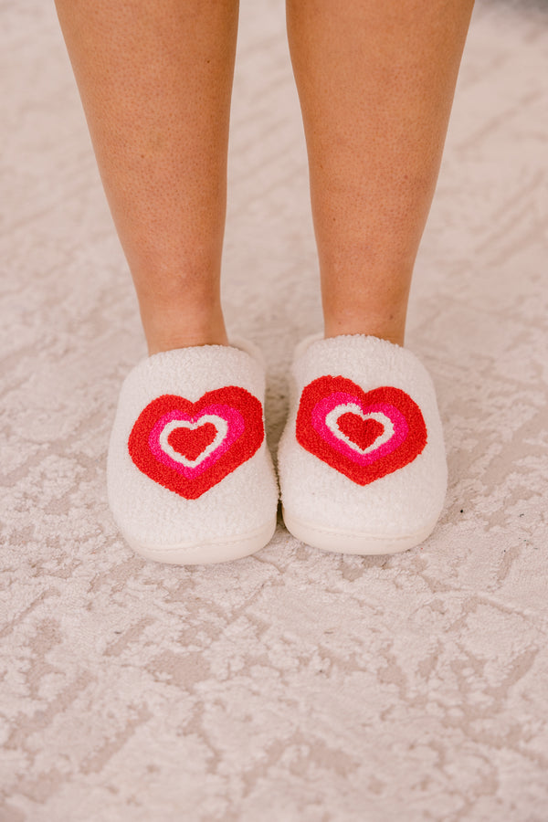 Chic Soul plus size clothing, white sipper with a red white and pink heart on top of each slipper 