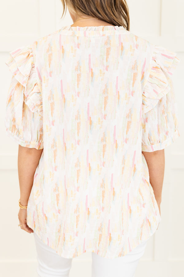 Chic Soul Plus size clothing, Pink short sleeve top with ruffle details on sleeves and watercolor pattern 