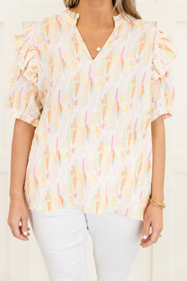 Chic Soul Plus size clothing, Pink short sleeve top with ruffle details on sleeves and watercolor pattern 
