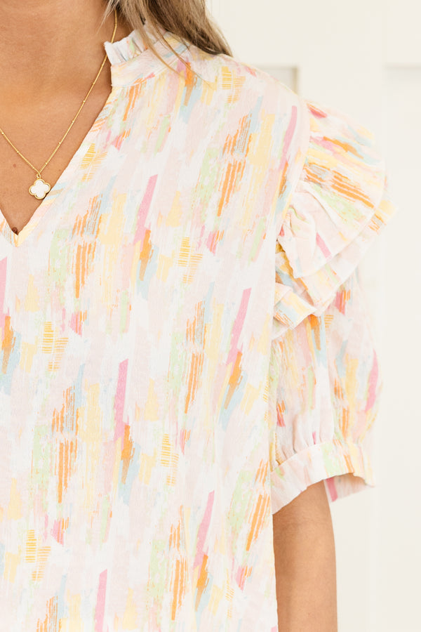 Chic Soul Plus size clothing, Pink short sleeve top with ruffle details on sleeves and watercolor pattern 