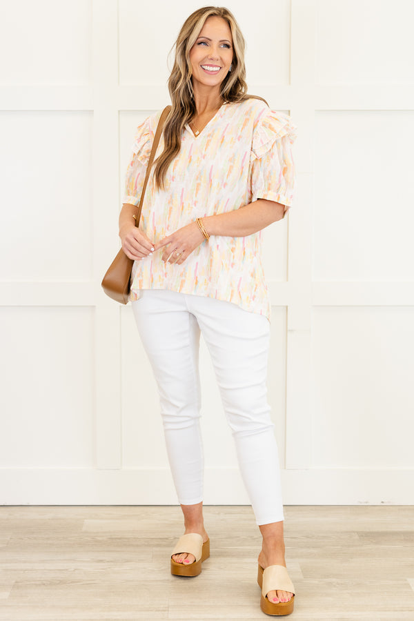 Chic Soul Plus size clothing, Pink short sleeve top with ruffle details on sleeves and watercolor pattern 