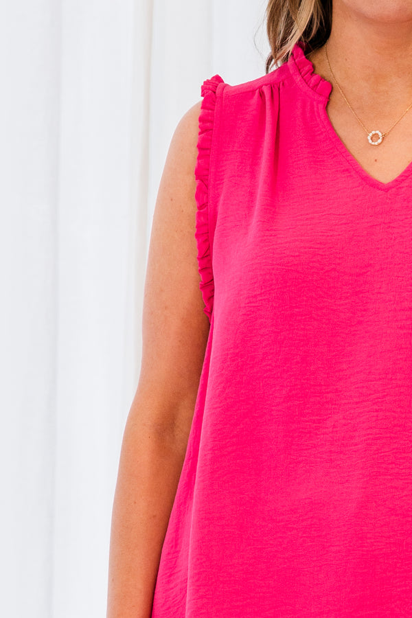 Chic Soul plus size clothing, hot pink sleeveless top with small v-neckline and ruffled details
