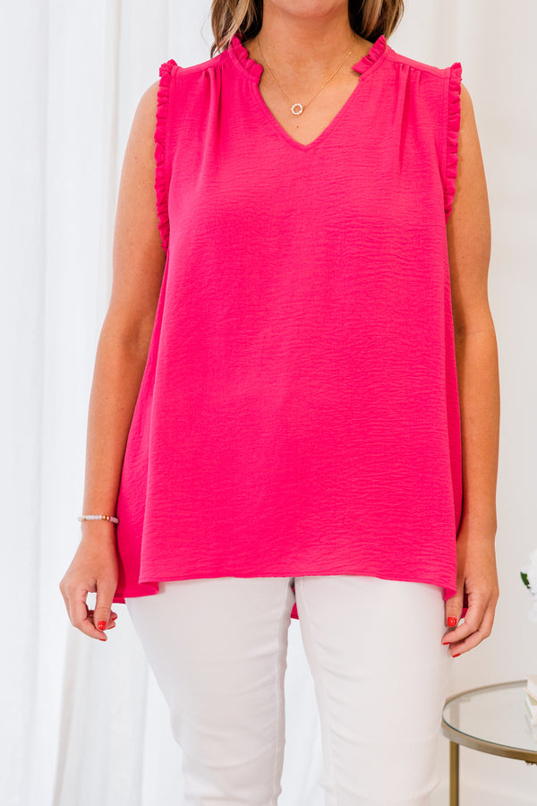 Chic Soul plus size clothing, hot pink sleeveless top with small v-neckline and ruffled details