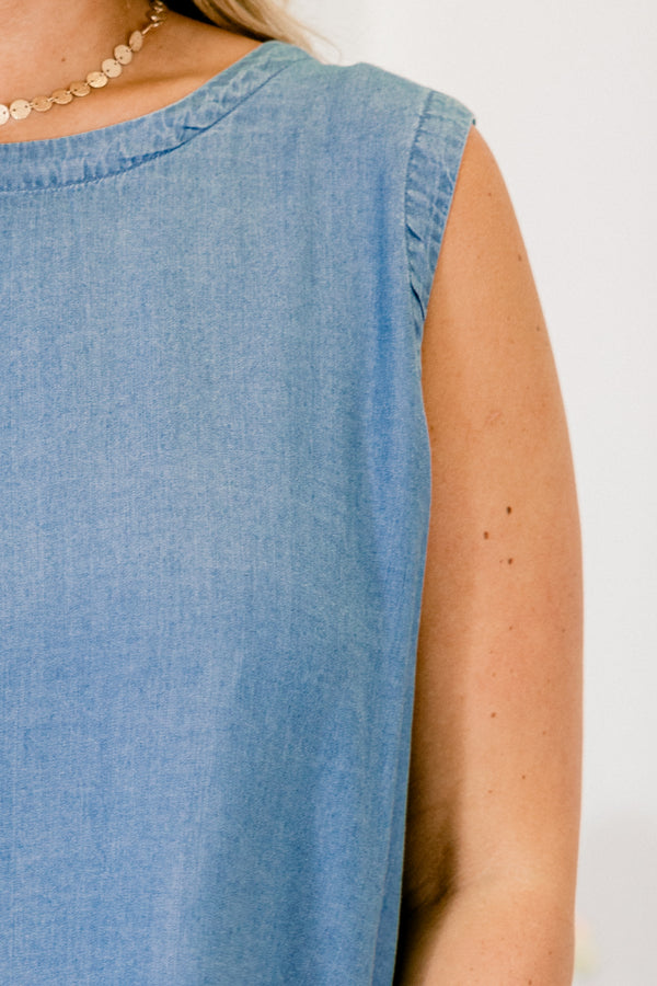 Chic Soul plus size clothing, chambray blue tank top with buttons down the back
