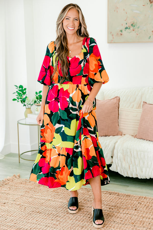 Chic Soul plus size clothing, black multi color maxi with a floral pattern bubble sleeves and a square neckline 