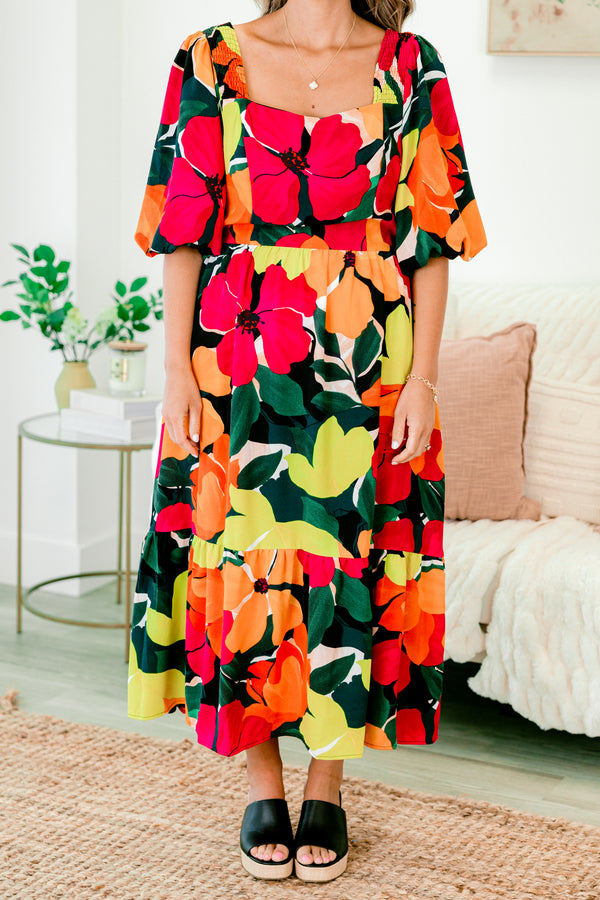 Chic Soul plus size clothing, black multi color maxi with a floral pattern bubble sleeves and a square neckline 