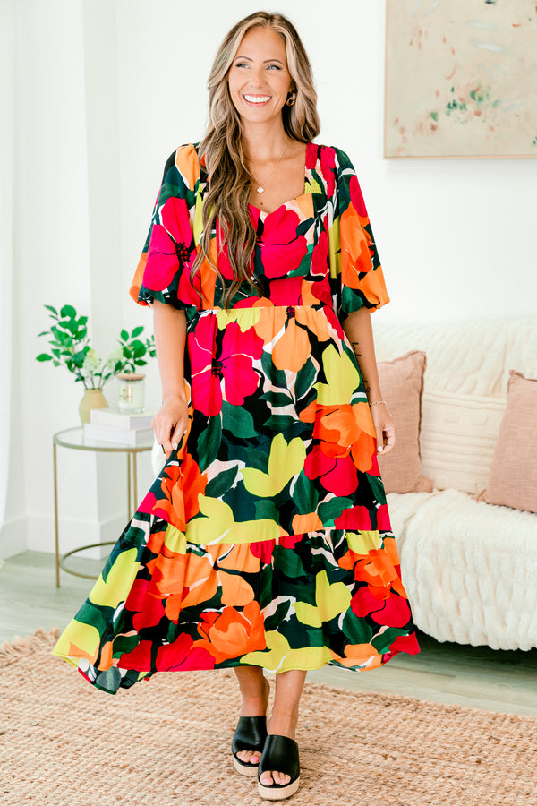 Chic Soul plus size clothing, black multi color maxi with a floral pattern bubble sleeves and a square neckline 
