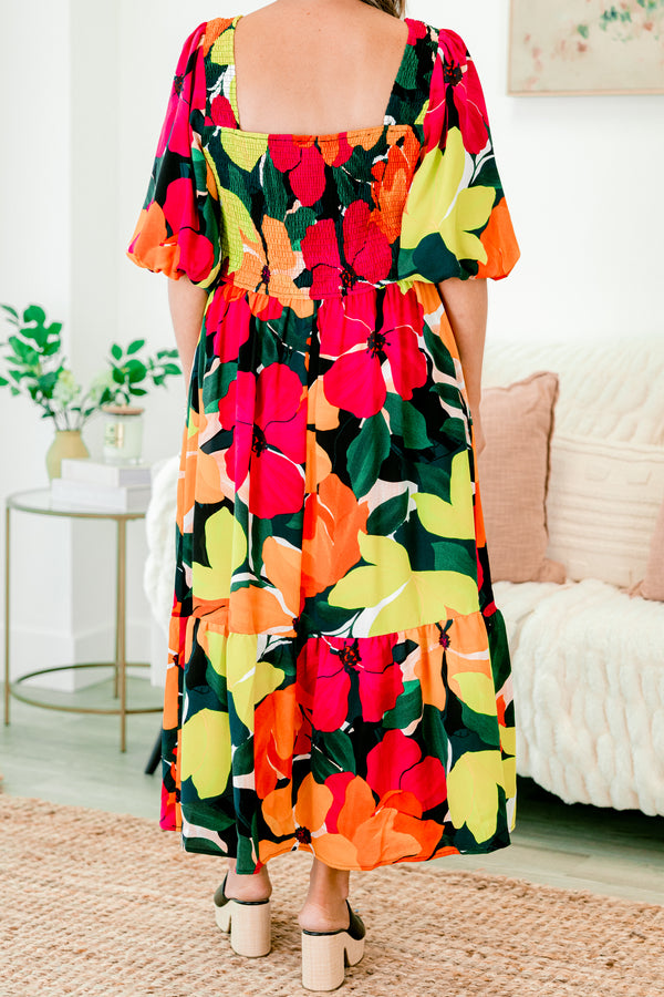 Chic Soul plus size clothing, black multi color maxi with a floral pattern bubble sleeves and a square neckline 