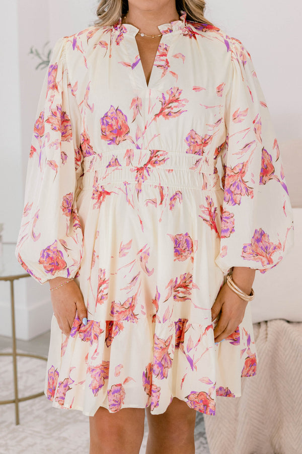 Chic Soul plus size clothing, cream and red floral print long sleeve short baby doll dress with cinched waist