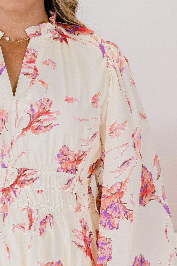 Chic Soul plus size clothing, cream and red floral print long sleeve short baby doll dress with cinched waist