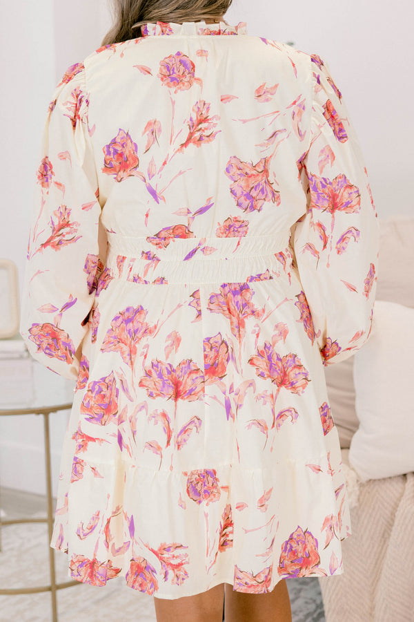 Chic Soul plus size clothing, cream and red floral print long sleeve short baby doll dress with cinched waist