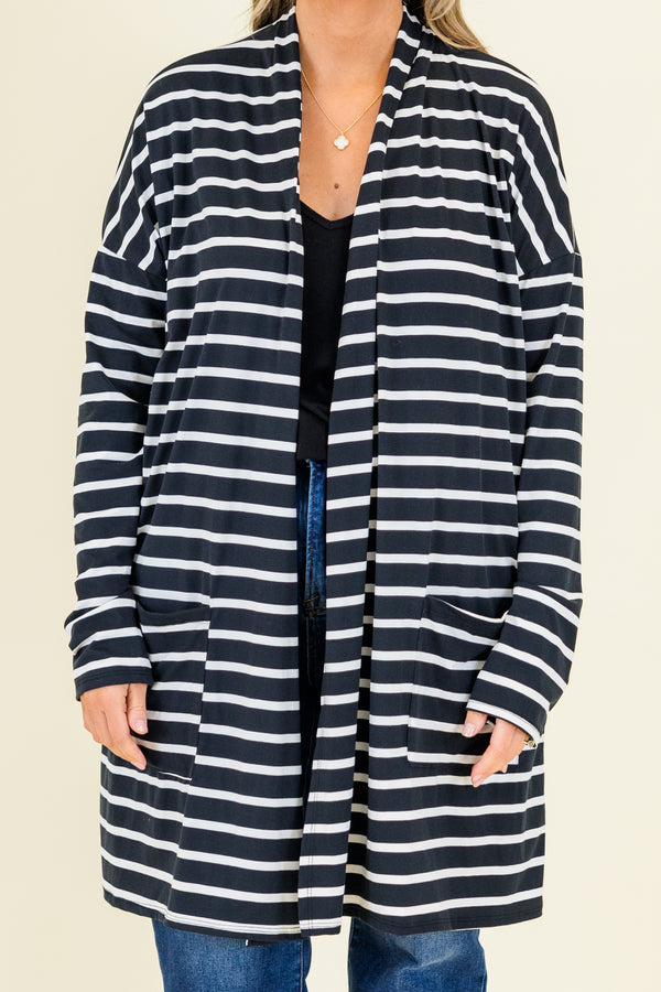Chic Soul plus size clothing, long-sleeve knee-length black and white striped cardigan
