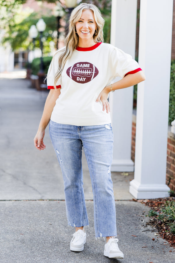 Chic Soul plus size clothing, white short sleeve knit top with red trim along round neckline and puff sleeves with brown football graphic with 