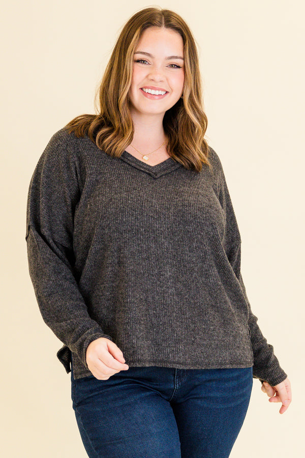 Chic Soul plus size clothing, black ribbed long sleeve top with v neckline and outer stitching detail