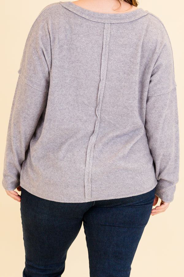 Chic Soul plus size clothing, heather gray long sleeve ribbed top with v neckline 
