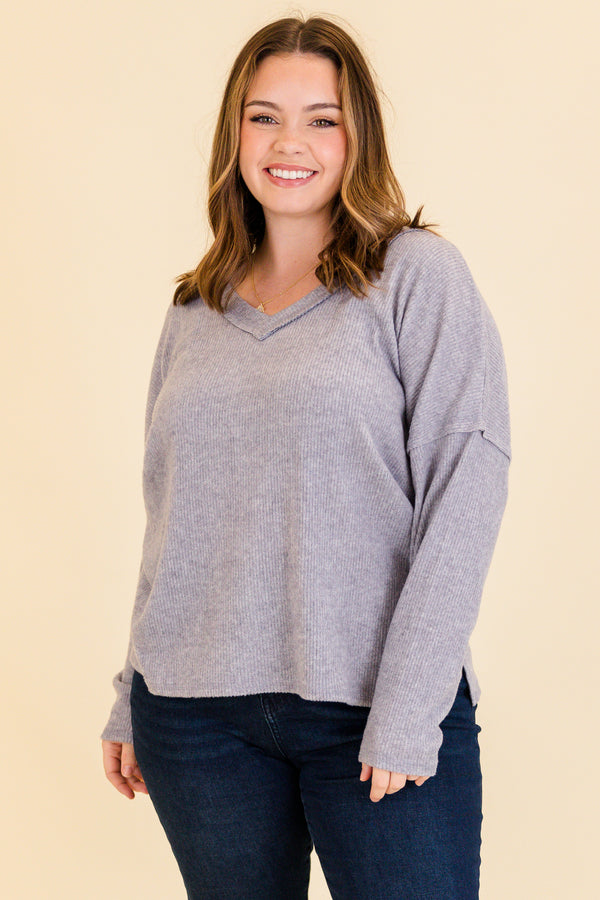 Chic Soul plus size clothing, heather gray long sleeve ribbed top with v neckline 