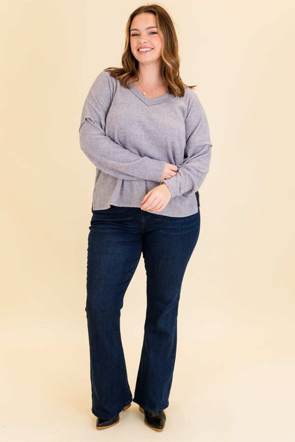 Chic Soul plus size clothing, heather gray long sleeve ribbed top with v neckline 