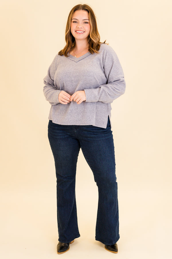 Chic Soul plus size clothing, heather gray long sleeve ribbed top with v neckline 