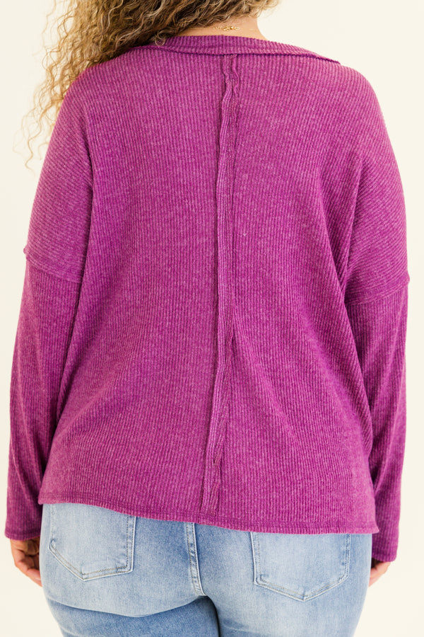 long-sleeve solid light plum purple waffleknit top with deep v-neckline and distressed stitching detailing 