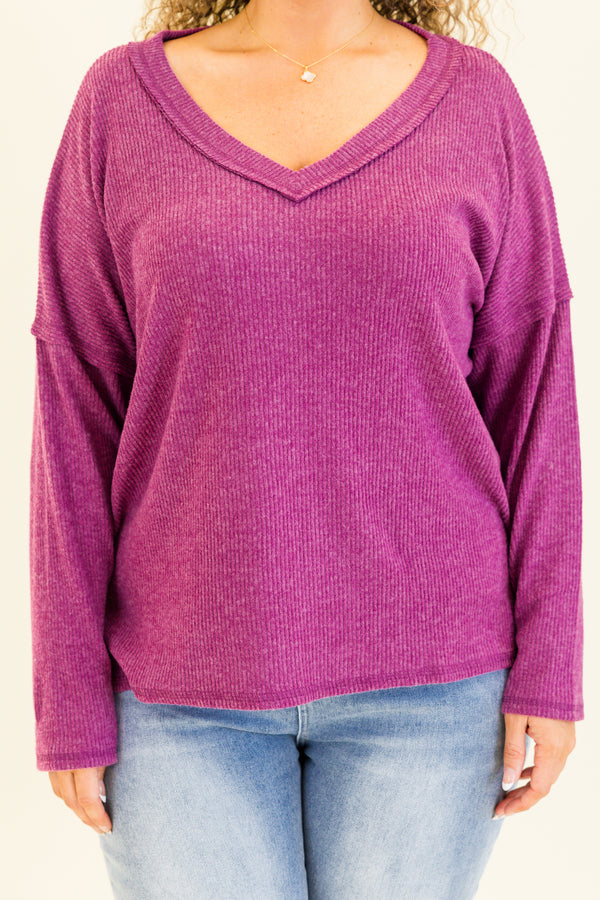 long-sleeve solid light plum purple waffleknit top with deep v-neckline and distressed stitching detailing 