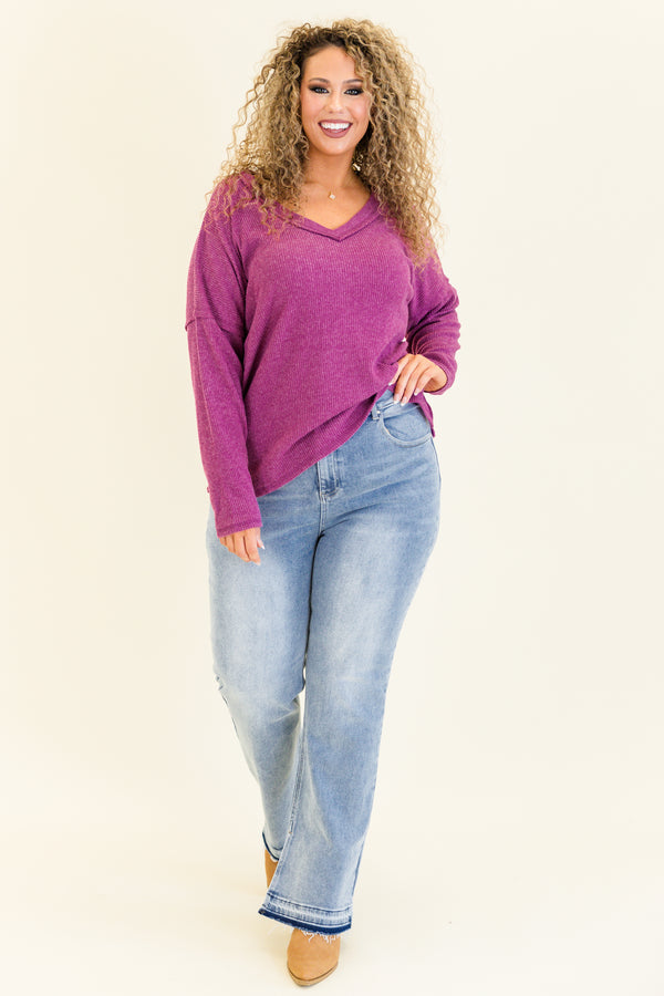 long-sleeve solid light plum purple waffleknit top with deep v-neckline and distressed stitching detailing 