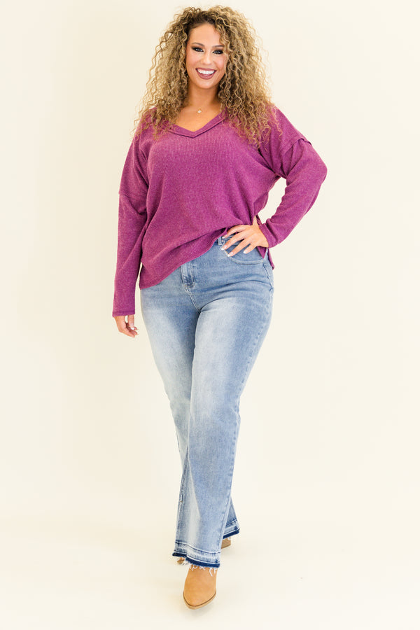 long-sleeve solid light plum purple waffleknit top with deep v-neckline and distressed stitching detailing 