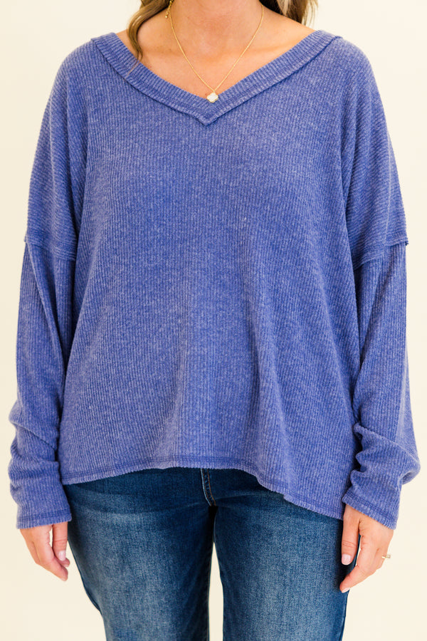 Chic Soul plus size clothing, marlin purple long sleeve ribbed top with v neckline 