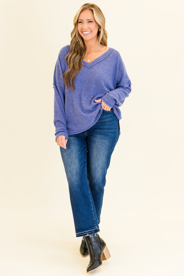 Chic Soul plus size clothing, marlin purple long sleeve ribbed top with v neckline 