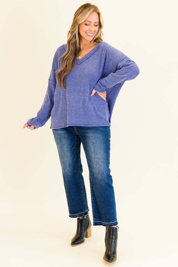 Chic Soul plus size clothing, marlin purple long sleeve ribbed top with v neckline 