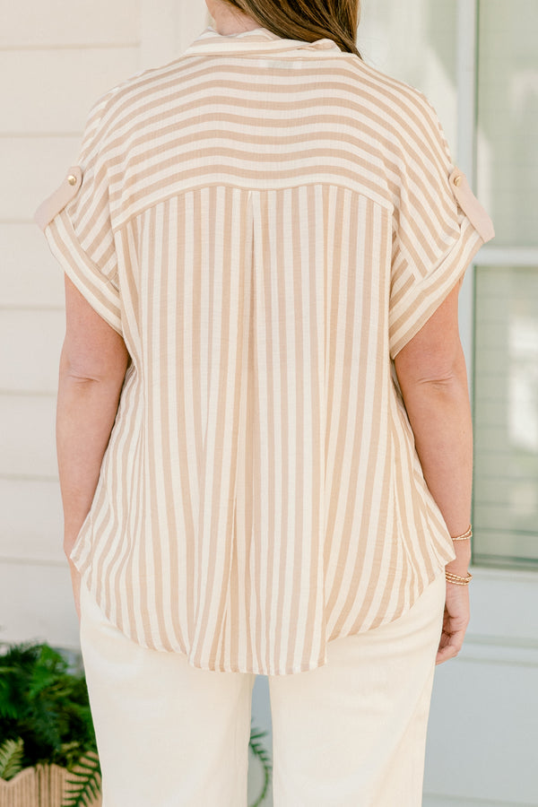 Chic Soul plus size clothing, khaki and white vertical stripe print short sleeve button up top with collar detail and cuff sleeves