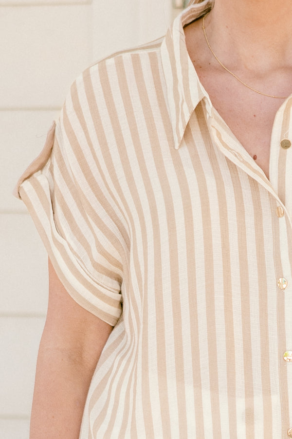Chic Soul plus size clothing, khaki and white vertical stripe print short sleeve button up top with collar detail and cuff sleeves