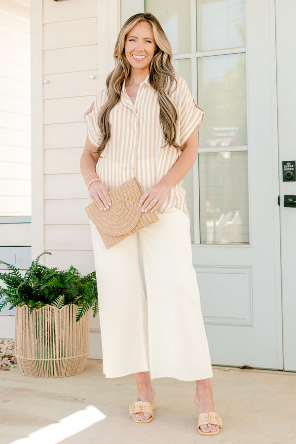 Chic Soul plus size clothing, khaki and white vertical stripe print short sleeve button up top with collar detail and cuff sleeves