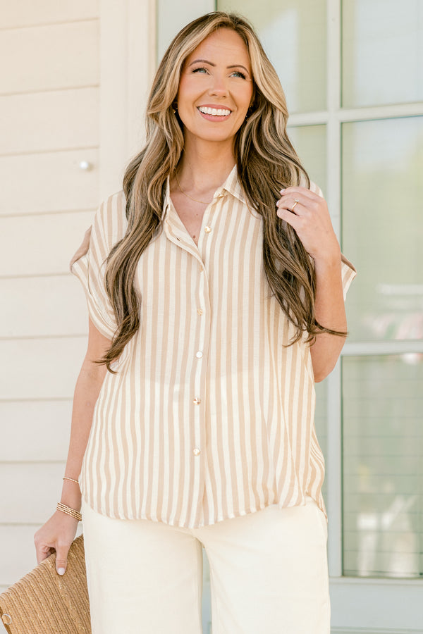 Chic Soul plus size clothing, khaki and white vertical stripe print short sleeve button up top with collar detail and cuff sleeves