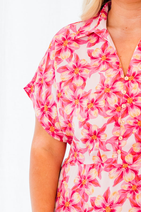 Chic Soul plus size clothing, short sleeve collared pink floral patterned maxi dress with ruffles and button detailing