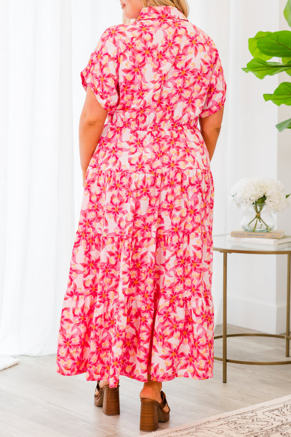 Chic Soul plus size clothing, short sleeve collared pink floral patterned maxi dress with ruffles and button detailing