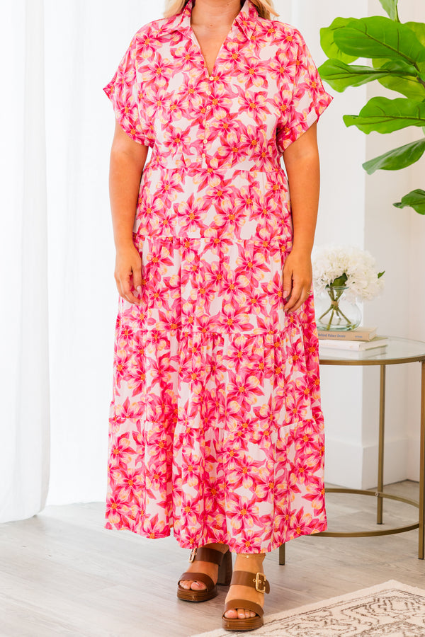 Chic Soul plus size clothing, short sleeve collared pink floral patterned maxi dress with ruffles and button detailing